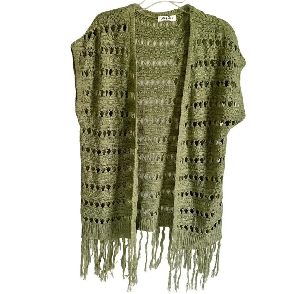 Jolie & Joy Green Open Knit Sleeveless Cardigan Tassels Junior's Size Medium NEW
